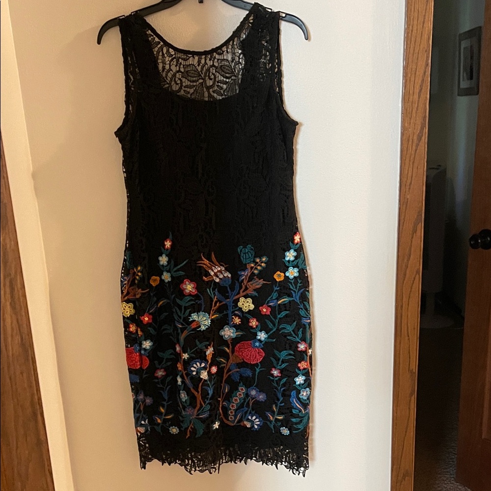 Calvin Klein Black Lace Dress with Floral Embroidery